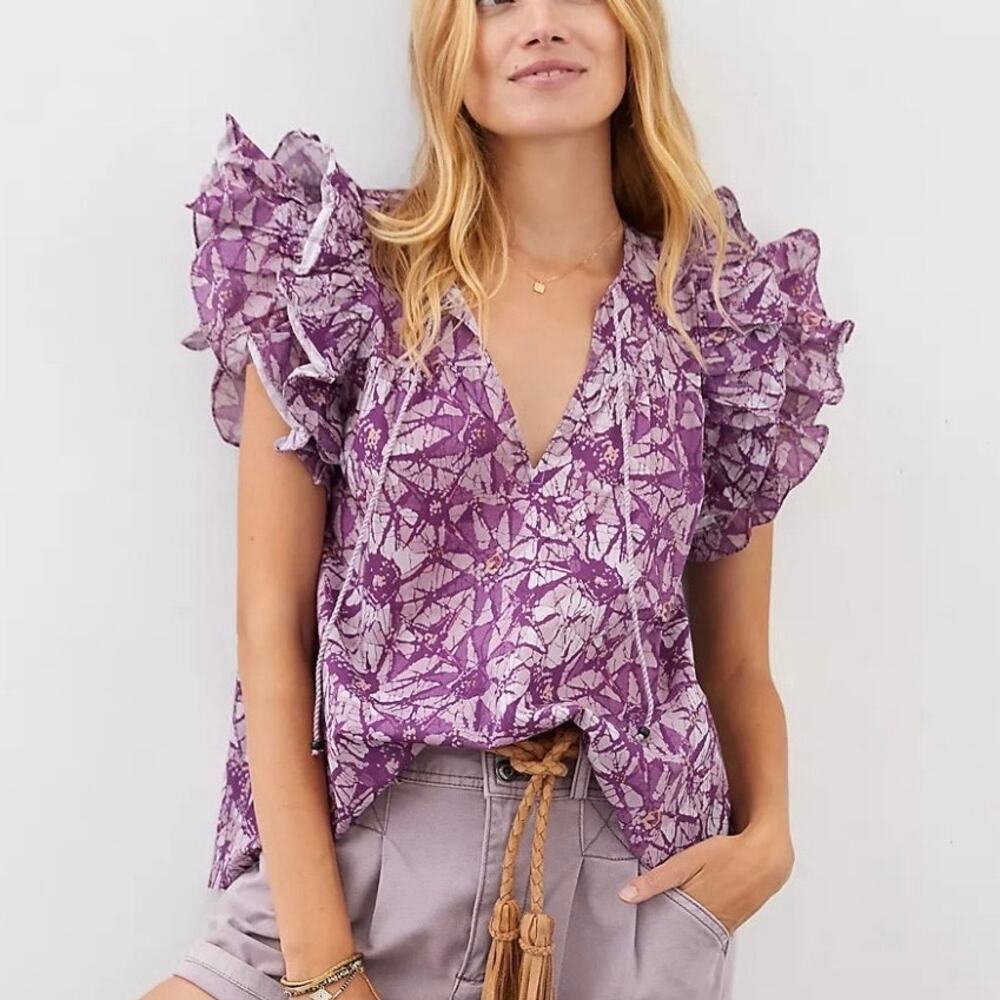 Anthropologie Love The Label Ruffled V-Neck Short-Sleeve Blouse Boho Print XS